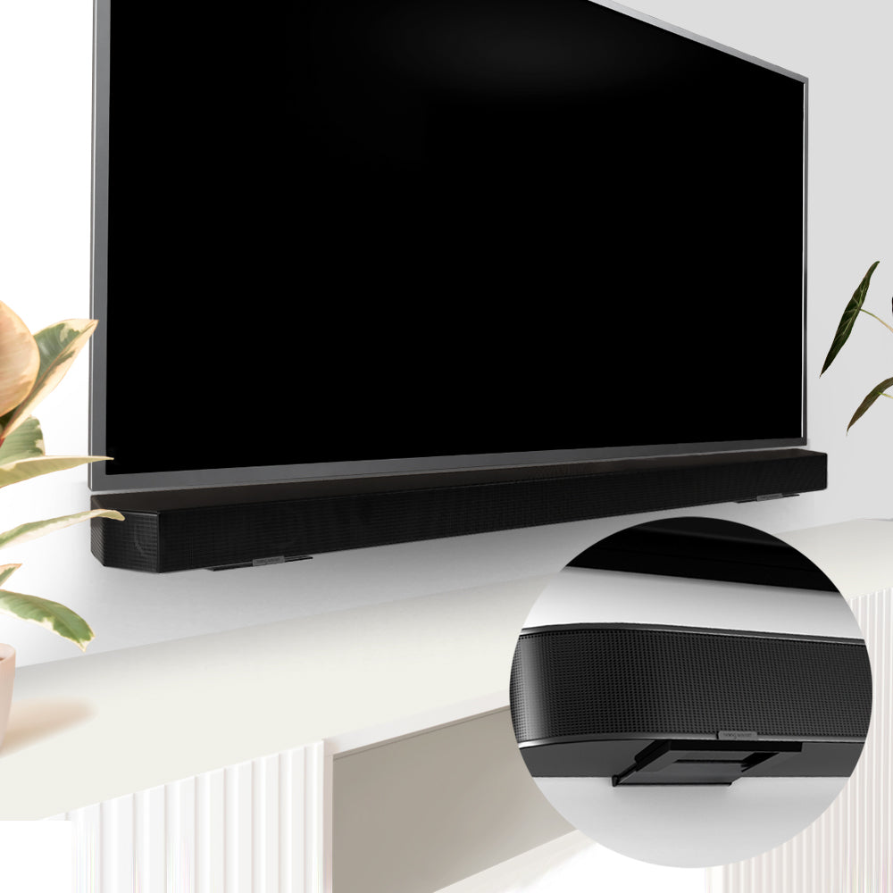 HangSmart No Stud Soundbar Mount DIY shown with soundbar installation under a TV.