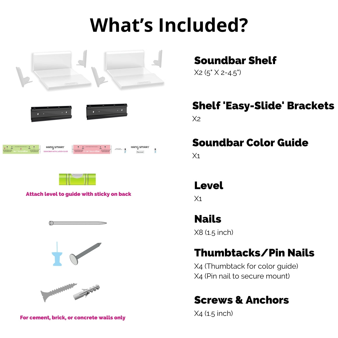 HangSmart No Stud Soundbar Mount components including shelves, brackets, color guide, level, nails, and screws.