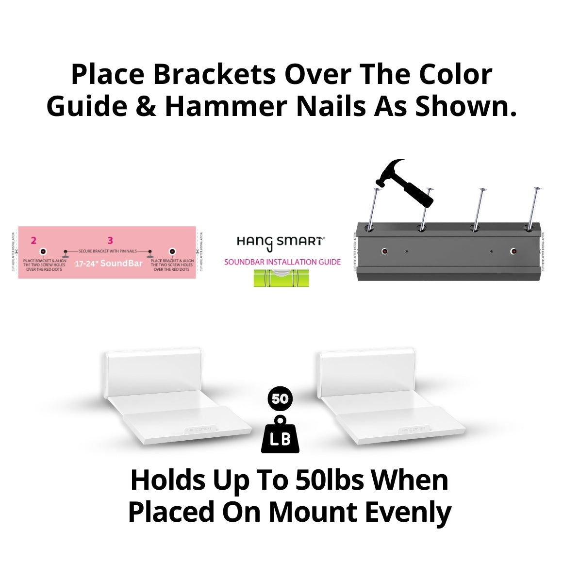 HangSmart No Stud Soundbar Mount installation guide with brackets, nails, and shelf details showing weight capacity.