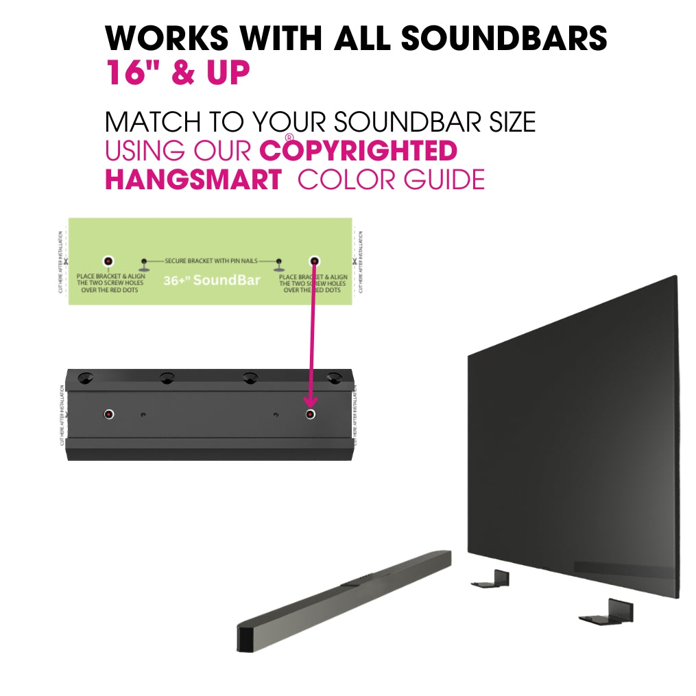HangSmart No Stud Soundbar Mount installation guide for soundbars 16" and up with color matching guide.