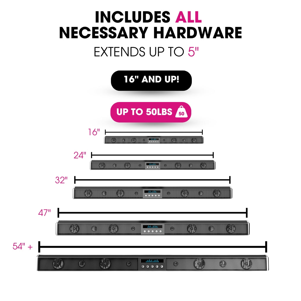 HangSmart No Stud Soundbar Mount showcases compatibility with soundbars from 16" to 54" and supports up to 50LBS.