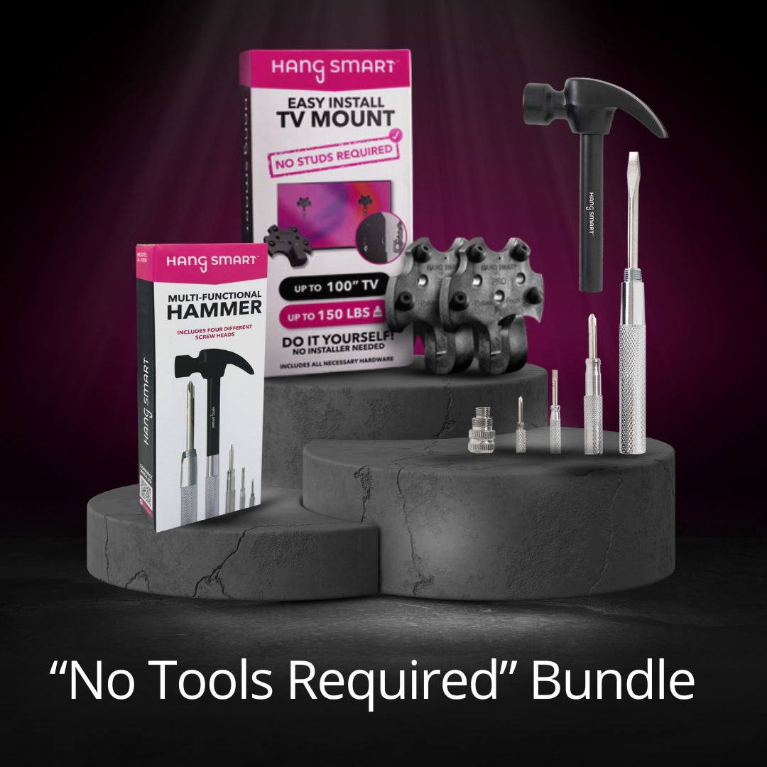 No Tools Required Bundle featuring HangSmart TV mount and multi-functional hammer on display.