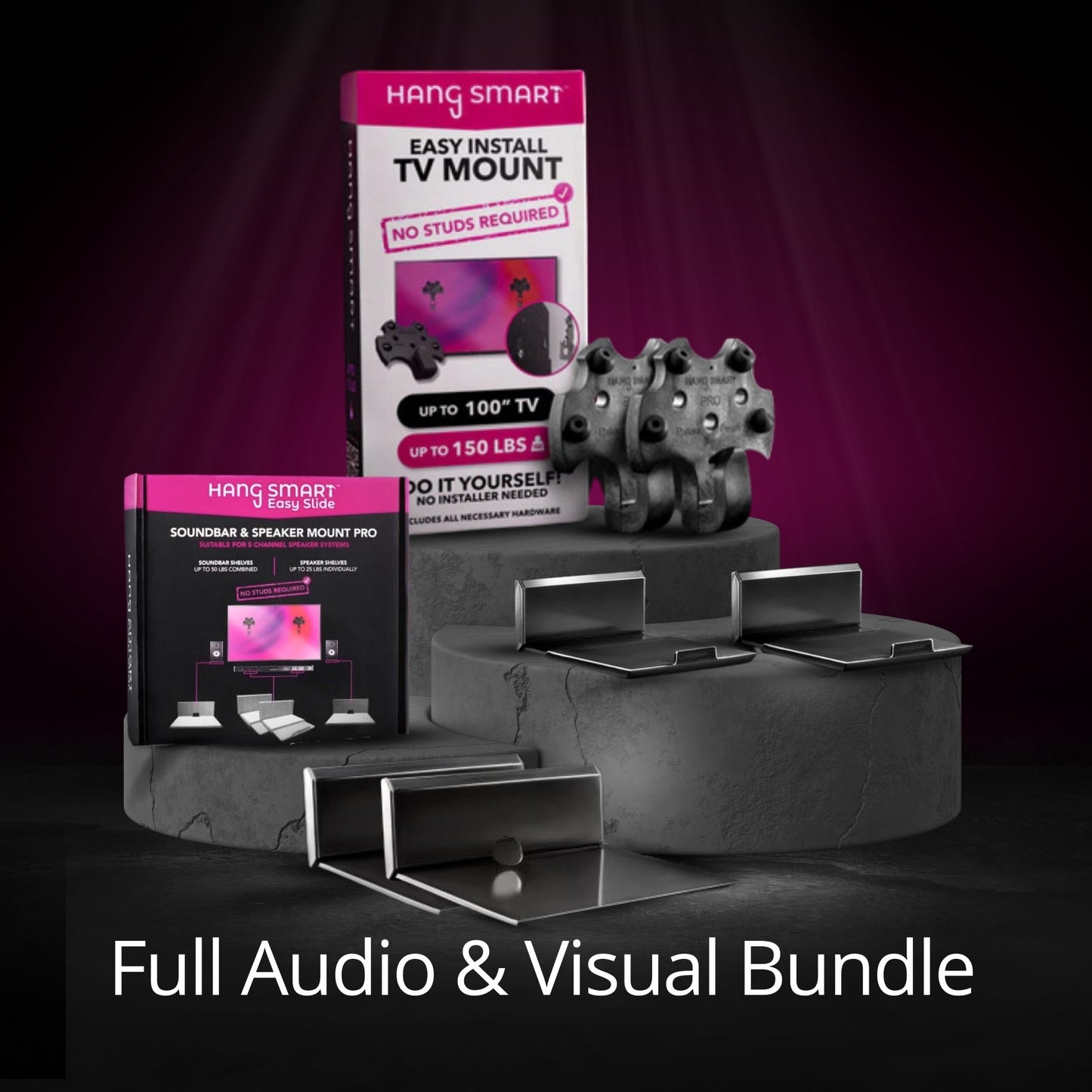 HangSmart Full Audio & Visual Bundle featuring TV mount and soundbar speaker mount.