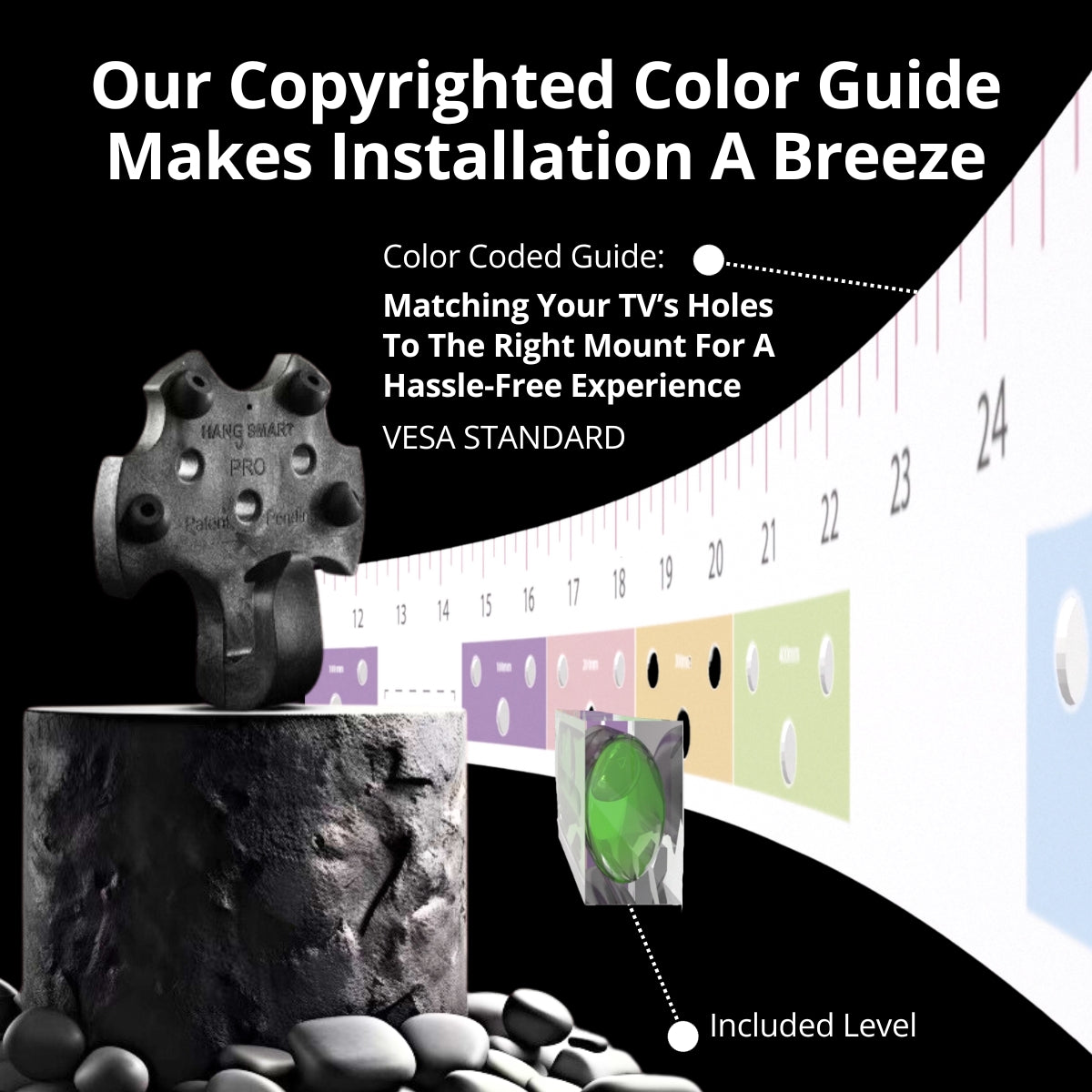 HangSmartTV No Stud DIY TV Mount HangSmart Magic Color Guide copyrighted color guide (VESA standard) with matching holes for mounting