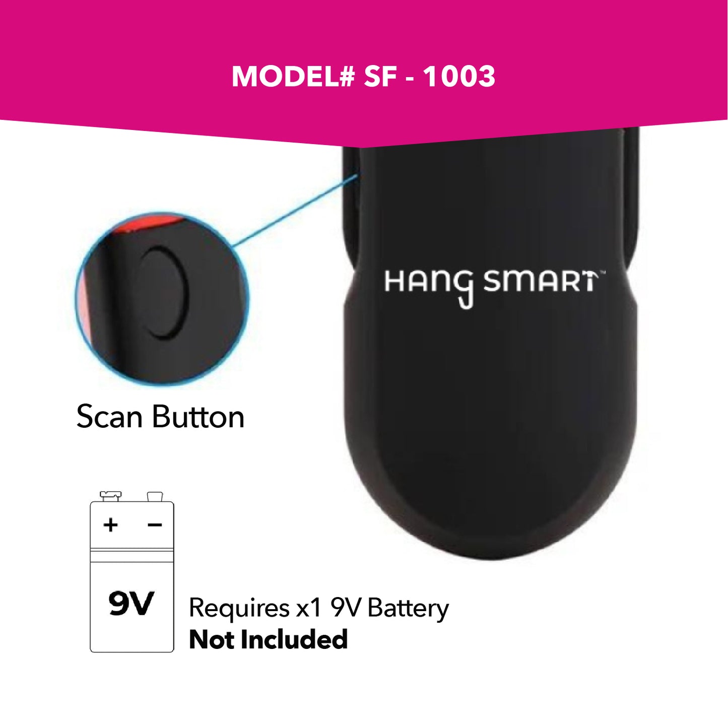 hangsmart stud finder showing battery and scan button