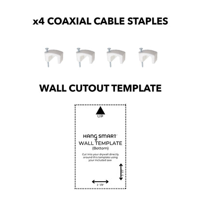 4 coaxial cable staples and wall cutout template for wire concealer wall plates
