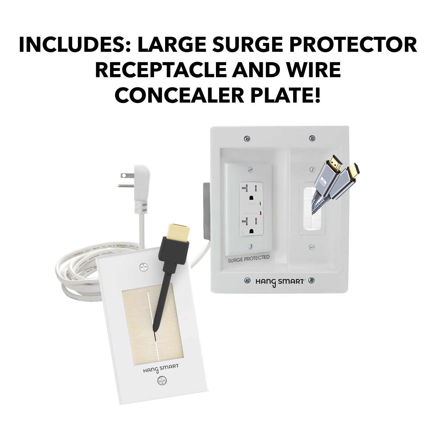 surge protector receptacle and wire concealer plate