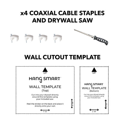 4 coaxial cable staples, drywall saw, and wall cutout template